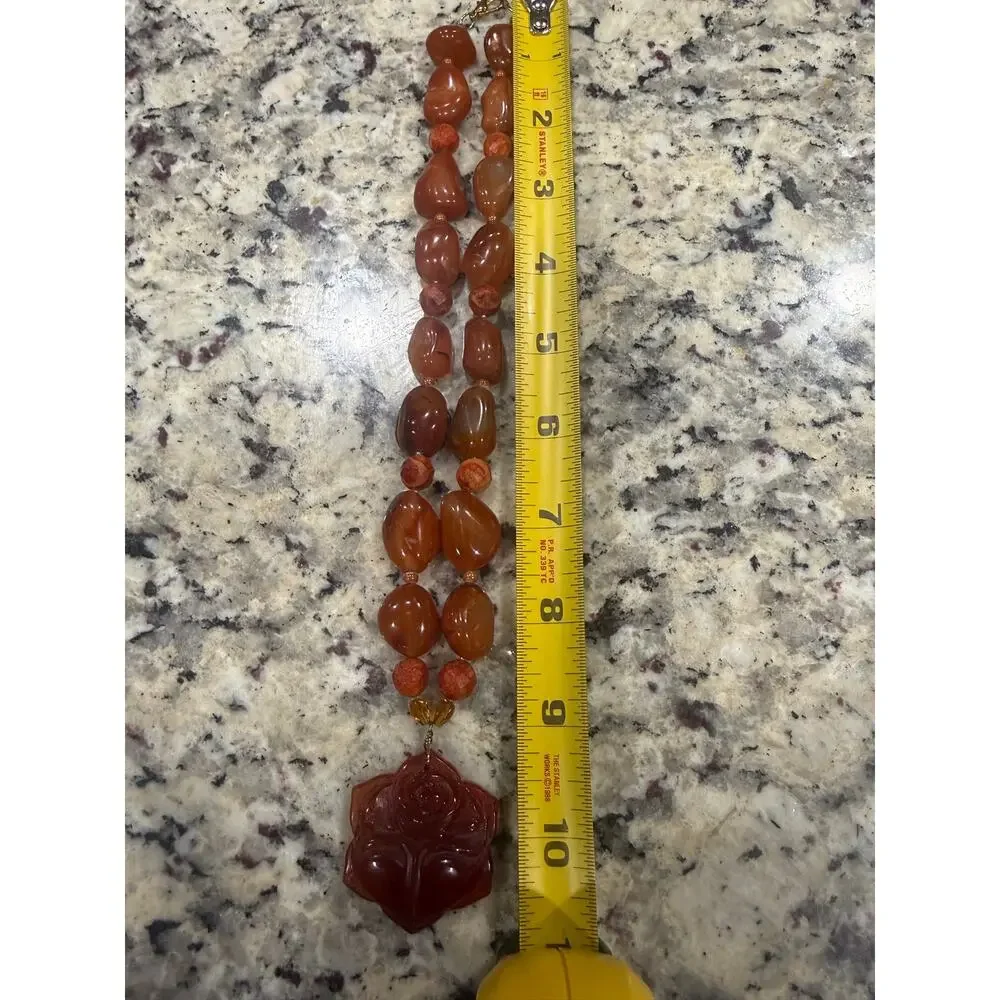 Vintage Korea Carnelian Rose Pendant Necklace Hand Carved Statement Floral 111g